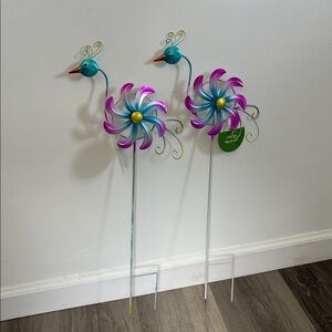 NWT- Set of 2- Colorful Garden Peacock 🦚 Pinwheel Metal Yard or Garden Stakes